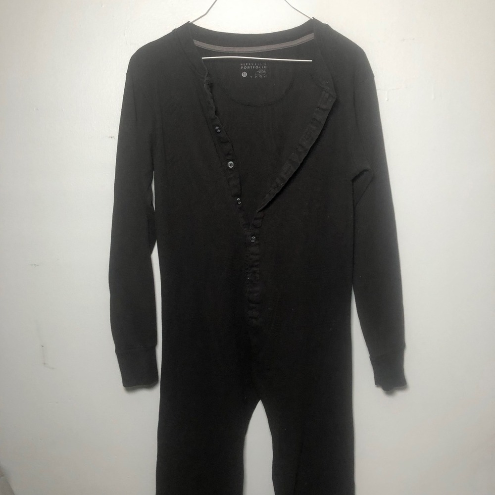 Perry Ellis Portfolio Union Suit Mens Medium Black Waffle Knit Thermal One Piece